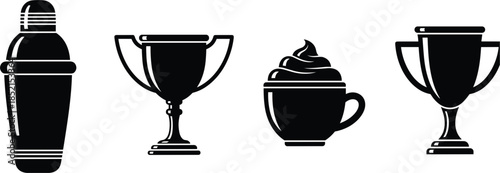 Black icons of a cocktail shaker, two trophies, and a coffee cup Keywords: cocktail, shaker, bar, drink, beverage, alcohol
