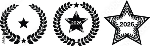 Black laurel wreaths and star emblems with the year 2026 Keywords: 2026, award, badge, black, celebration, circle, competition