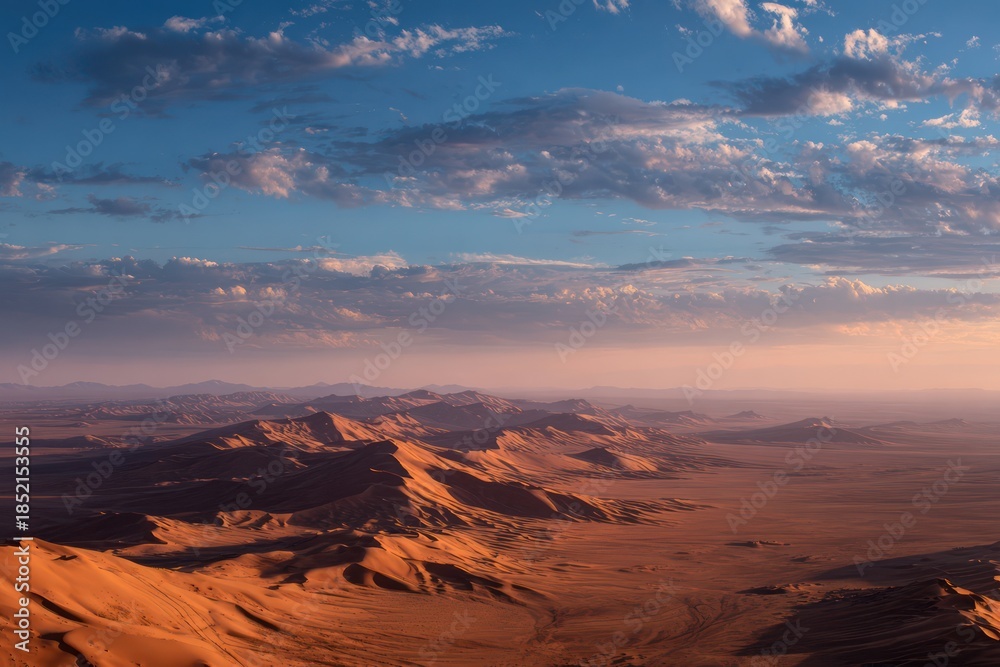 Naklejka premium Vast desert with sand dunes at dusk