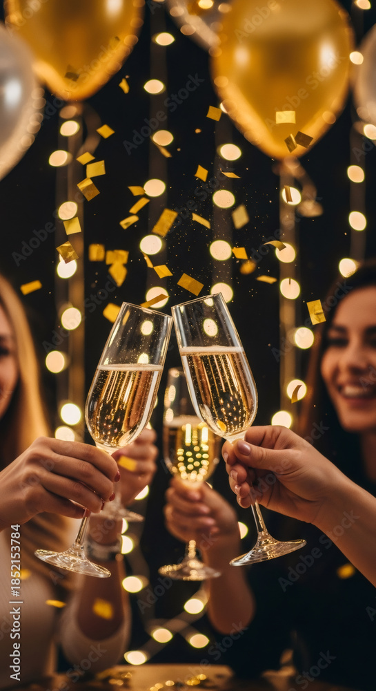 Obraz premium Group of friends celebrating New Years Eve with champagne glasses raised, surrounded by golden confetti and festive atmosphere, capturing joyful moments of togetherness and celebration