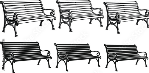 Park Bench Silhouettes Black and White Vintage Style Outdoor Seating vector illustration