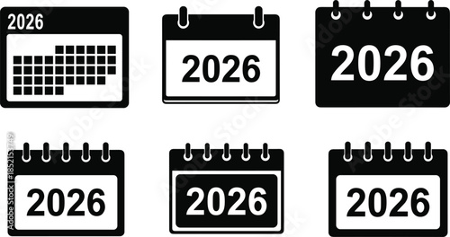 Set of black calendar icons displaying the year 2026 date month