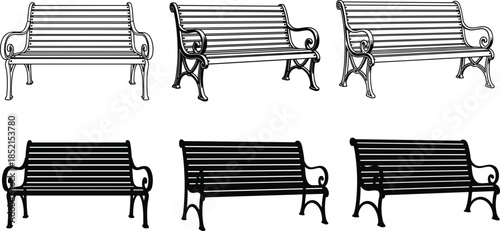 Six Black and White Park Benches in Various Styles seating outdoor