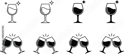 Set of wine glasses icons with sparkling stars and clinking glasses drink beverage