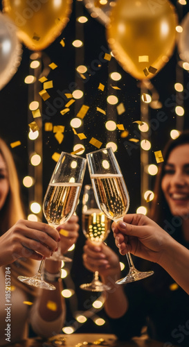 Group of friends celebrating New Years Eve with champagne glasses raised, surrounded by golden confetti and festive atmosphere, capturing joyful moments of togetherness and celebration