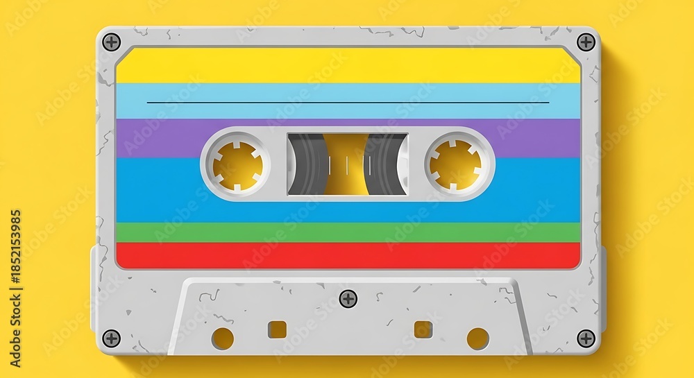 Naklejka premium Retro cassette tape with vibrant rainbow stripes against yellow background