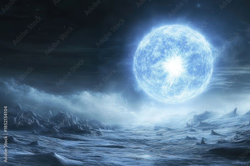 Fototapeta premium Bright celestial body illuminates a dark, frozen landscape in an otherworldly setting