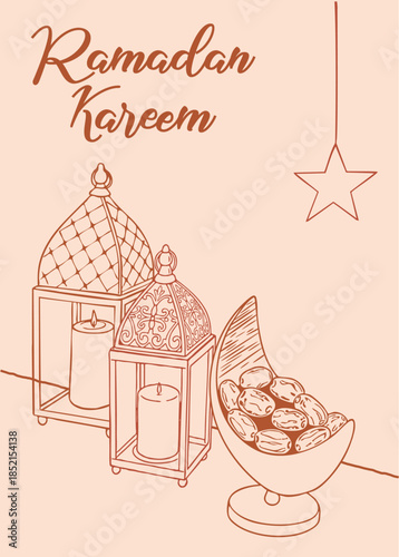 Ramadan Kareem greeting card featuring hand drawn lanterns, candles, and dates in a crescent bowl. Minimalist line art for Islamic holiday Eid al Fitr. perfect for posters, invitations,web banners.