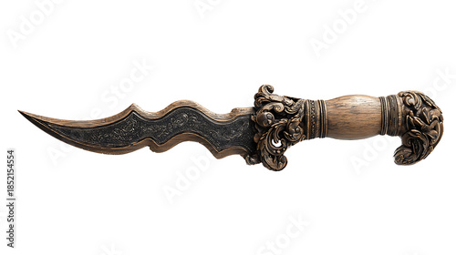 Indonesian kris dagger with wavy blade and carved handle, isolated on a white background