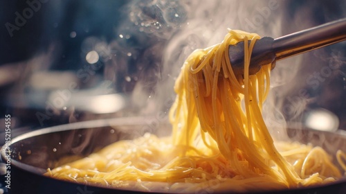 Принти на полотні Steaming Fresh Pasta Being Lifted from a Pot with Tongs, Showcasing the Texture