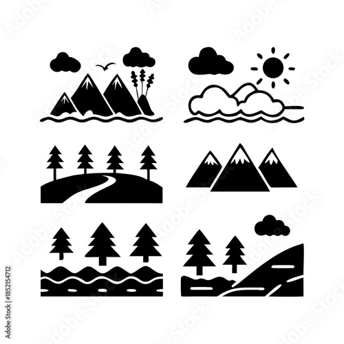 Scenic mountain and forest icons