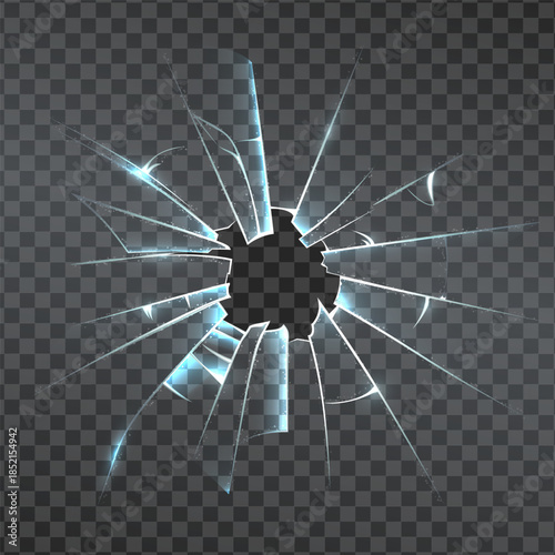 Broken glass with radiating cracks and a central hole