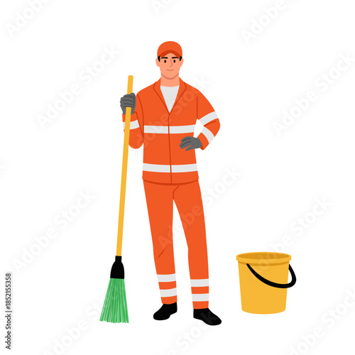 Vector illustration of a young man cleaner in an orange suit, cap. Cartoon scene of a man dressed in a work suit, rubber gloves, holding a broom, bucket isolated on a white background. Tidying up.