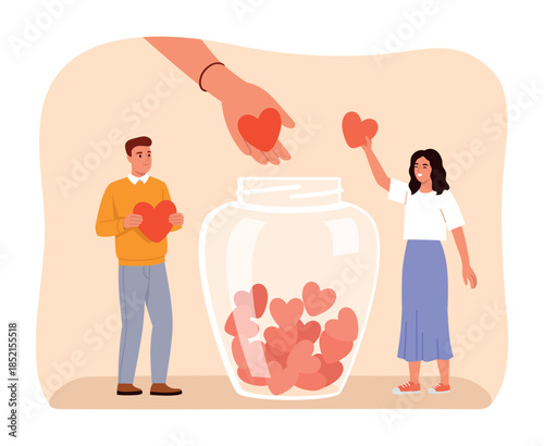 Vector illustration of a donation jar. Cartoon scene of a smiling man and woman throwing hearts into a glass jar full of hearts, isolated on white background. Concept of love, charity, help, support.