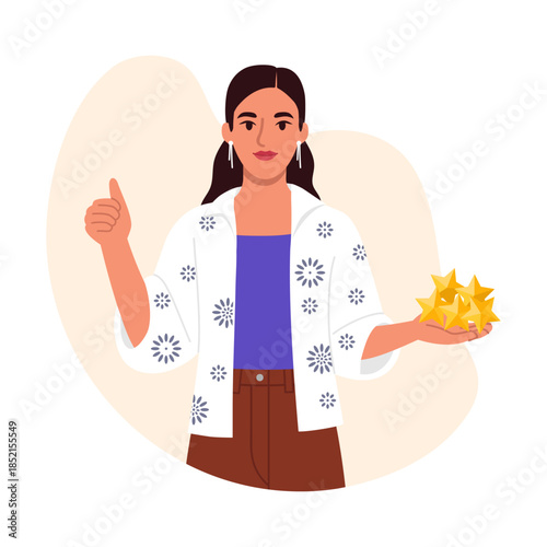 Vector illustration of a business woman holding an award, gold stars. Cartoon scene, beautiful woman showing super gesture, holding five stars in hands isolated on white background. Quality sign.