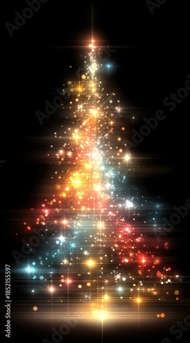 Sparkling Christmas tree illustration with vibrant lights on a black background, festive ambiance