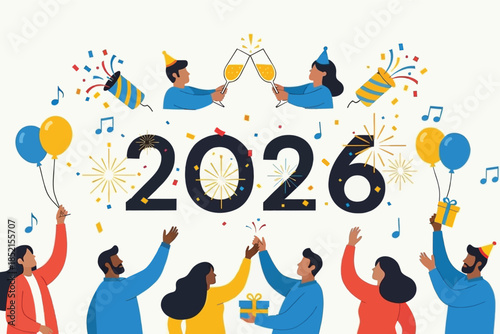 Happy group of people celebrating New Year's 2026 with festive decorations