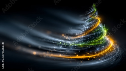 Abstract Christmas tree illustration with vibrant lights and swirling colors for festive celebration