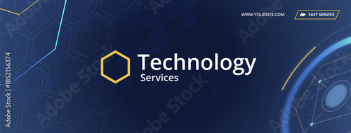 Modern technology center with abstract design and logo on blue background