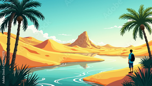 Anime Style Vector Illustration of a Traveler at a Desert Oasis with Palm Trees and Sand Dunes