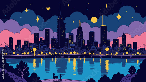 Vector illustration of a city skyline silhouette at twilight with stars