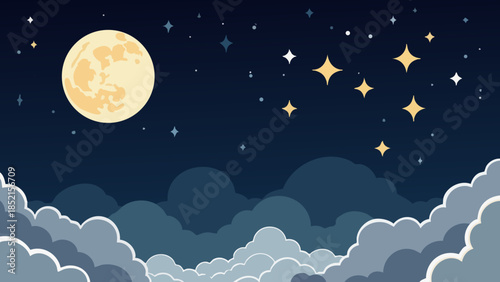 Vector illustration of a serene silver and yellow moon in a deep blue starry night sky