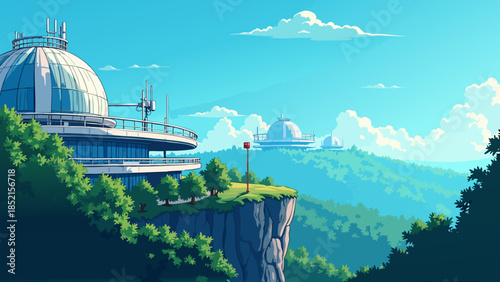 Anime Style Vector Research Station Observatory and Forest Landscape