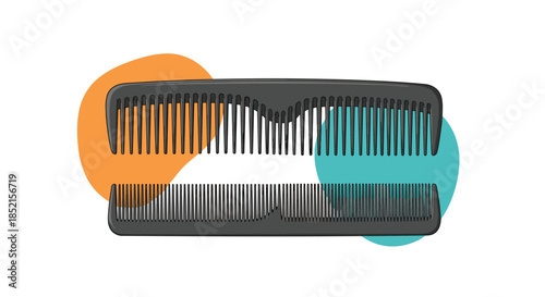A modern graphic illustration of two black hair combs layered over colorful, abstract circular shapes on a white background.