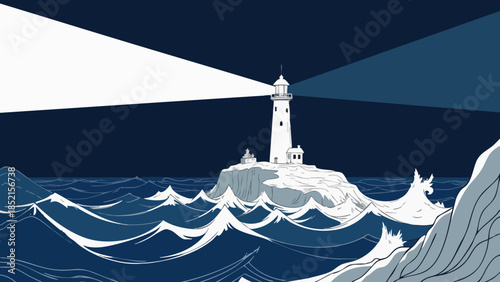 Minimalist Vector Illustration of a Lighthouse Beam Over a Turbulent Midnight Ocean