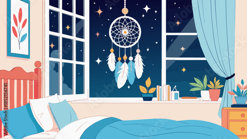 Whimsical Dream Catcher Vector Illustration Hanging Above Bed with Starry Night Window