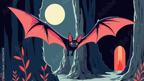 Gothic Vector Illustration of a Bat Flying Near a Cavern Entrance Under the Moon