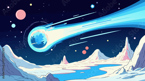 Vector illustration of a blue comet with a luminous tail streaking through a galaxy star field