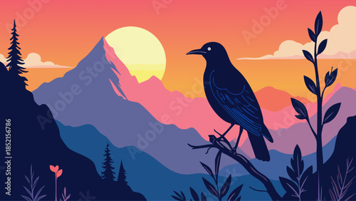 Vector illustration of a bird silhouette on a branch against a vibrant mountain sunrise