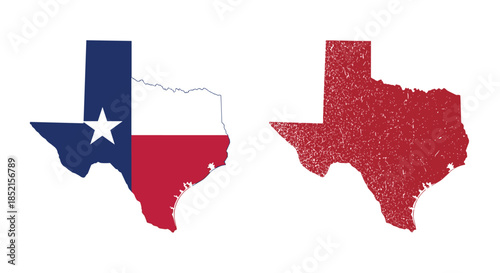 Two vector map illustrations of the state of Texas, one filled with the Texan flag and the other with a red grunge texture.