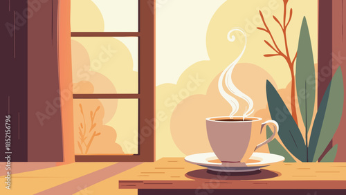 Cozy Steaming Coffee Cup on Wooden Table Vector Illustration