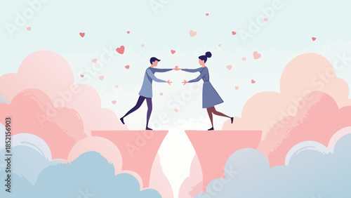 Abstract figures reaching out to connect in a flat vector cloudscape illustration