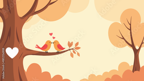 Flat vector illustration of two love birds perched on a branch in a sun-drenched park with a heart icon
