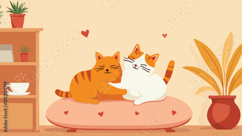 Flat Vector Illustration of Two Cats Cuddling in a Minimalist Cafe Interior