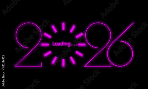 2026 Happy New Year loading bar. Purple light neon loading spinning icon. Digital clock. Computer network digits. Vector illustration Isolated graphic technology design on black background