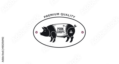 A vintage-style oval logo for premium quality pork chops, featuring a pig silhouette with a butcher's cut diagram inside.