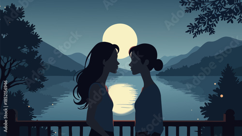 Flat vector illustration of a romantic couple gazing at each other on a moonlit balcony overlooking a lake