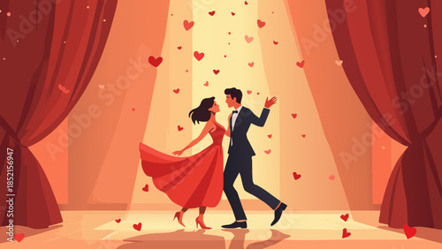 Romantic Couple Dancing in Art Deco Ballroom with Hearts Flat Vector Illustration