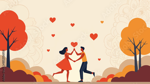 Flat vector illustration of two abstract figures dancing in a heart shape in a geometric park