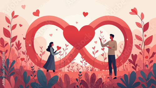 Flat vector illustration of abstract hearts crafting valentines in a pixelated garden forming an infinity symbol