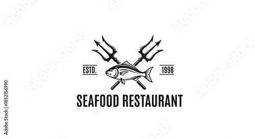 A classic, vintage-style monochrome logo for a seafood restaurant, featuring a fish illustration with two crossed tridents.