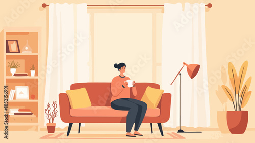 Flat vector illustration of a person relaxing with a hot drink in a minimalist living room