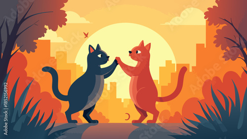 Anthropomorphic cats dancing in a city park at sunset flat vector illustration