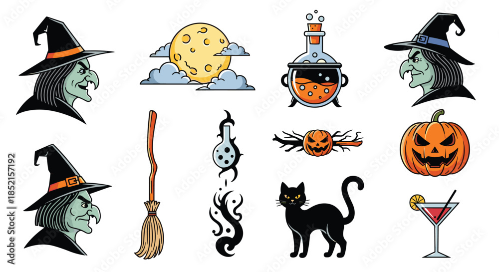 Fototapeta premium A vibrant collection of colorful cartoon Halloween icons, including witches, a full moon, potions, a black cat, and pumpkins.