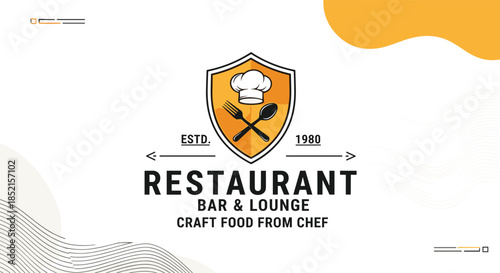 A classic restaurant and bar lounge logo featuring a shield emblem with a chef's hat and crossed cutlery on an abstract background.