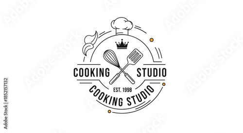 A stylish, vintage-inspired line art logo for a cooking studio, featuring crossed utensils, a chef's hat, and a crown.